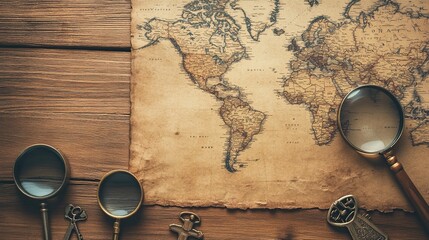 A detailed close-up of a vintage world map laid out on an old wooden table. Surrounding elements include a compass, magnifying glass, and antique keys. Warm sepia tones create a nostalgic atmosphere.