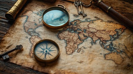 A detailed close-up of a vintage world map laid out on an old wooden table. Surrounding elements include a compass, magnifying glass, and antique keys. Warm sepia tones create a nostalgic atmosphere.