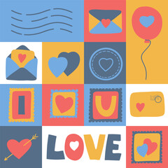 Patchwork Seamless Pattern of Love Letters. Romantic open and closed envelopes with cards, stamps, letters and wax hearts-shaped seal.