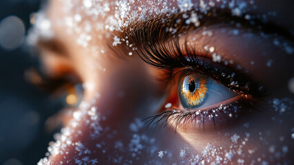 Close-up of an eye with snowflakes highlighting beauty and winter challenges against a blurred background