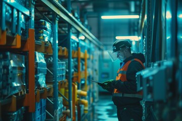 Warehouse worker using digital tablet