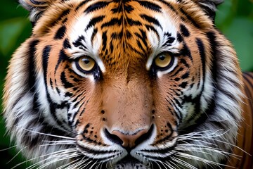 Fototapeta premium Close-up of a Bengal Tiger’s Face, Showcasing Its Striking Features and Intense Gaze With Detailed Markings