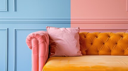 Colorful couch with pastel wall background