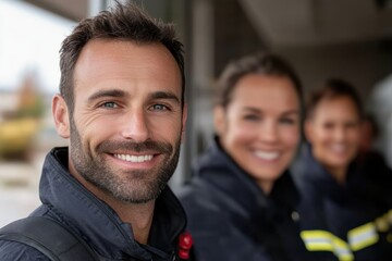 Fototapeta premium Three confident firefighters pose with smiles while showcasing their camaraderie and dedication to service, in a vibrant setting that signifies teamwork and bravery.