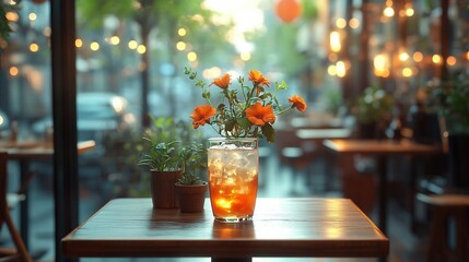 アイスティーと花が飾られたカフェテーブルの夕暮れシーン