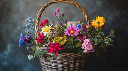 vibrant basket filled with assorted colorful flowers, showcasing beautiful arrangement of blooms. mix includes daisies, roses, and other wildflowers, creating cheerful display