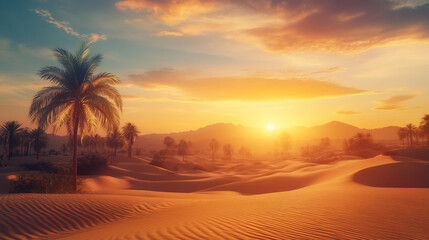Vibrant sunset over desert dunes with palm trees and distant mountains