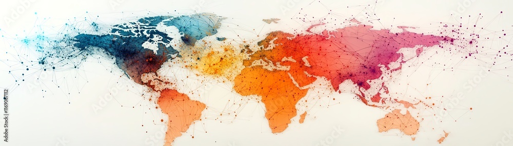 Poster a digital world map featuring a web of interconnected nodes and lines