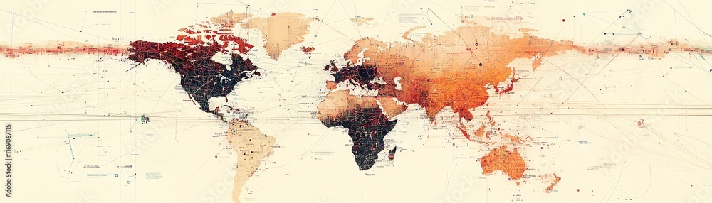 Poster a digital world map featuring a web of interconnected nodes and lines