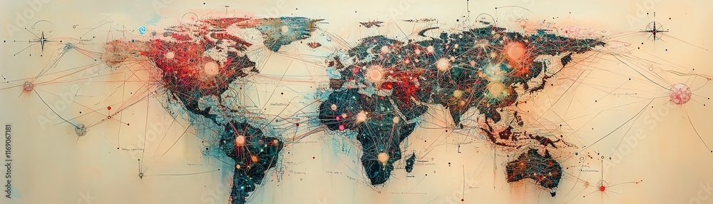Poster a digital world map featuring a web of interconnected nodes and lines