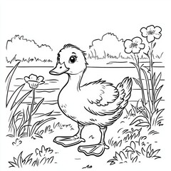 A cute duck stands by a pond surrounded by flowers and grass, offering a charming scene perfect for coloring or illustration.