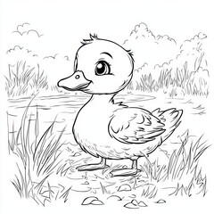 A cute, cartoon-style duck stands by a pond, surrounded by grass and trees, featuring large eyes and a friendly expression.