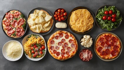 A Lavish Spread of Authentic Italian Dishes Featuring Pizza, Pasta, Fresh Vegetables, and More on a Rustic Tabletop for a Delicious Culinary Experience