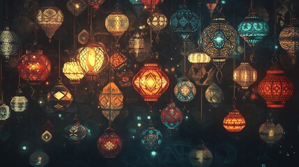 Intricate Colorful Lanterns Hanging Illuminated Darkly