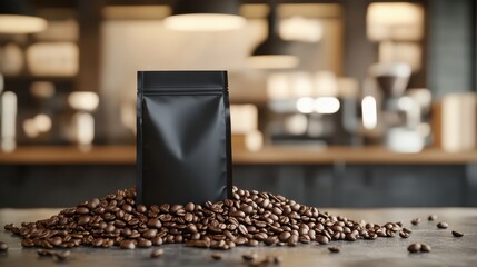 Sleek black coffee bag placed on a heap of fresh coffee beans in a modern cafe setting with blurred background.