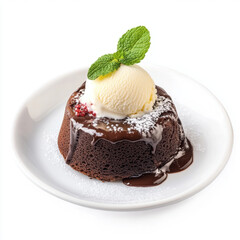 Decadent cho te lava cake topped with vanilla ice cream and mint leaves, served on white plate. delightful dessert perfect for any occasion