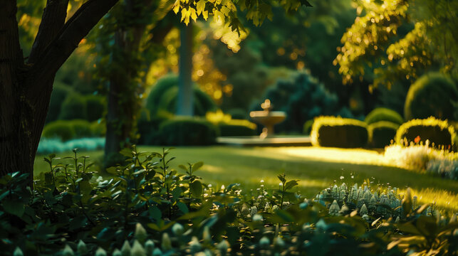 Sunlight filters through the leaves, illuminating a serene garden with lush greenery, neatly trimmed hedges, and a peaceful fountain. The atmosphere is calm and inviting.