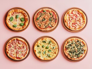 A Tasty Assortment of Delicious Pizzas on Wooden Plates Displayed in a Flat Lay Composition Perfect for Food Enthusiasts and Culinary Inspiration
