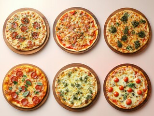 A Variety of Delicious Pizzas Displayed on Wooden Plates Featuring Pepperoni, Cheese, Basil, and Cherry Tomatoes on a Light Background for Food Photography
