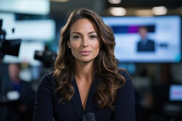 Fototapeta premium A graceful female presenter poses in front of studio cameras, embodying poise and professionalism, amidst a high-energy environment, perfect for hosting or delivering significant messages.