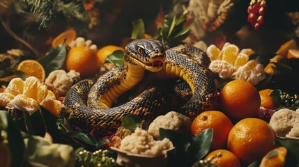 Snake Figurine Surrounded by Festive Decorations