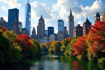Obraz premium Urban landscape of Gramercy Park with skyscrapers looming in the background, NYC downtown, urban park