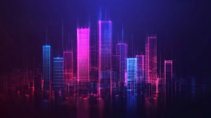 Futuristic City Skyline with Neon Lights and Digital Effects Creating a Vibrant and Technological Urban Environment at Night Time