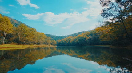 Fototapeta premium Beautiful serene lake reflecting autumn trees under blue sky in nature park
