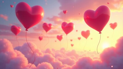 Floating Hearts, A Sky Full of Love, with Soft Clouds and a Warm Golden Sunset Creates an Atmosphere of Romance and Tenderness