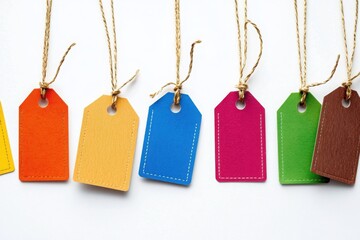 Vibrant retail tags display indoor showcase product photography colorful environment close-up view branding concept
