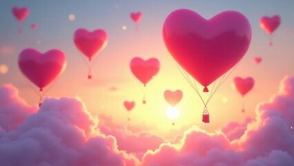 A Sky Full of Love, Pink Heart-Shaped Balloons Float Amongst Sunset Clouds, Radiating Romantic Dreaminess and the Sweet Essence of Affection,
