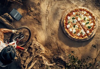 Obraz premium Adventurous Biker Pauses to Enjoy Delicious Pizza on Rustic Outdoor Trail Surrounded by Nature and Scenic Landscape