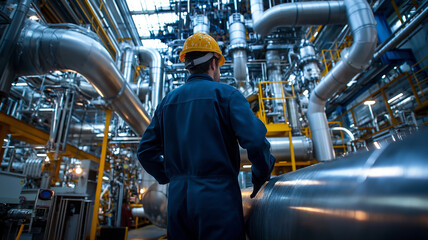 Engineer in uniform at factory works with equipment and checks it
