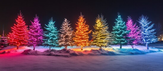 Naklejka premium Colorful Christmas trees illuminated at night in snowy landscape.