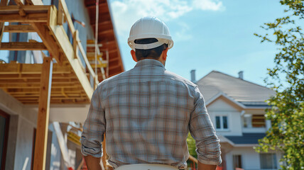 Young hispanic man worker wearing hardhat standing backwards at construction site

