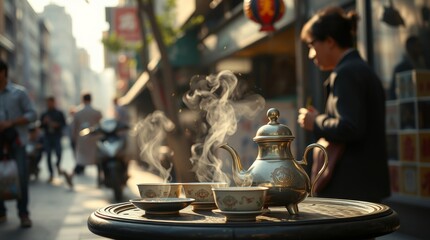 Steaming tea pots and cups on a table in a bustling street
