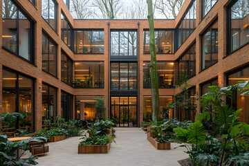 Modern brick building courtyard with lush greenery, plants, and large windows.