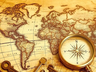Obraz premium A detailed close-up of a vintage world map laid out on an old wooden table. Surrounding elements include a compass, magnifying glass, and antique keys. Warm sepia tones create a nostalgic atmosphere.