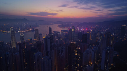 Fototapeta premium Nighttime Cityscape Skyline Illuminated by Dusk Overlooking Harbor