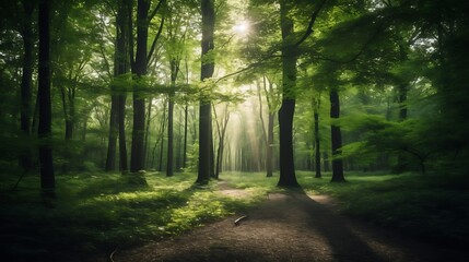 Obraz premium Sunlit Path Through Lush Green Forest Canopy