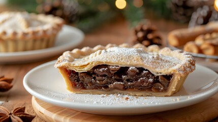 Slice of Festive Mince Pie with Powdered Sugar  .