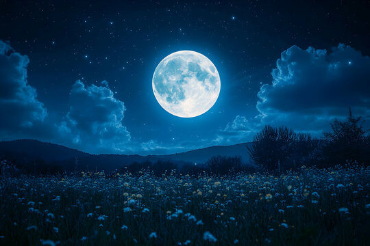 Full moon over a field of flowers at night.