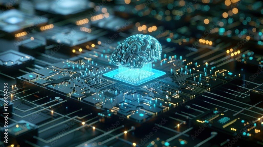 Poster illustration of a machine learning process featuring artificial intelligence, deep data mining, and 