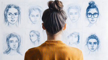 A woman with a bun observes a collage of illustrated faces on a wall, showcasing diverse expressions and styles.