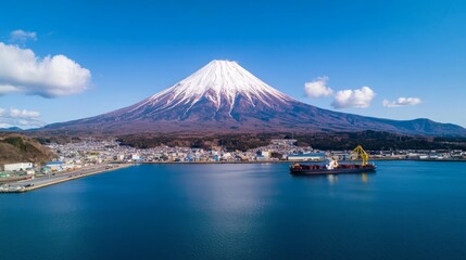 Majestic Mount Fuji Gracing the Japanese Horizon Above a Serene Harbor in Clear Blue Sky and Tranquil Waters, Showcasing Nature's Elegance and Urban Charm