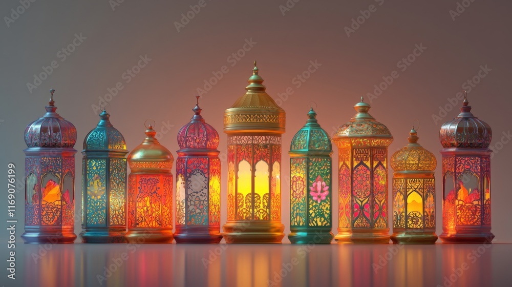 Aufkleber A colorful array of decorative lanterns emitting warm light, showcasing intricate designs and vibrant hues, perfect for festive or cozy atmospheres.