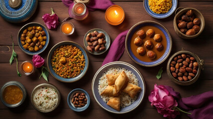 a beautifully photograph of traditional Ramadan foods displayed on a rustic wooden table