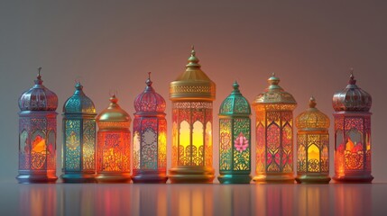 Fototapeta premium A colorful array of decorative lanterns emitting warm light, showcasing intricate designs and vibrant hues, perfect for festive or cozy atmospheres.