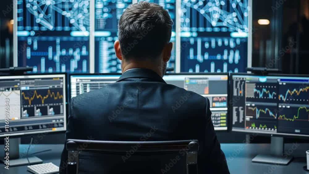 Poster A person in a suit sits in front of multiple screens filled with intricate graphs and charts, focused on analyzing data in a modern office setting illuminated by soft lights.