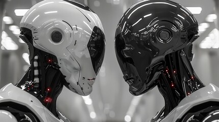 Fototapeta premium Two robotic heads facing each other, one white and one black, with red lights and intricate details. AI generative. .